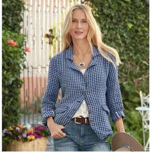 Sundance Catalog Ziri Blazer Linen Blue Checkered Button Up Jacket Sz PXXS